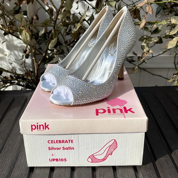 Pink Paradox London - Celebrate - Silver Satin & Rhinestone Peep Toe Heel Size 8 - Picture 5 of 16